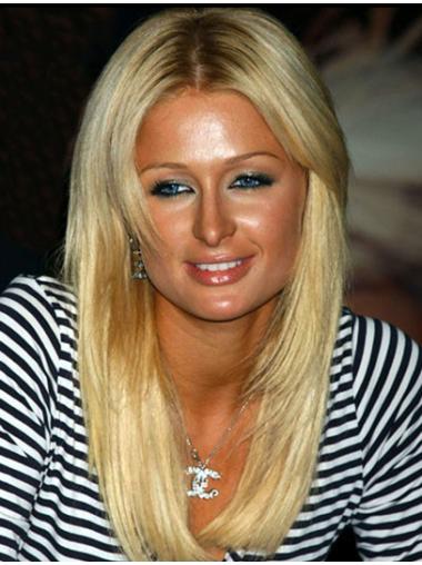 Blond Lang Rett 100% Håndknyttet Uten Smell 19" Komfortabel Paris Hilton Parykk