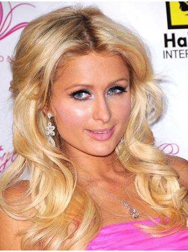 Blond Lang Bølgete 100% Håndknyttet Uten Smell 17" Myk Paris Hilton Parykk