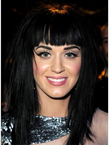 Svart 17" Slank Syntetisk Lang Lace Front Katy Perry Parykk