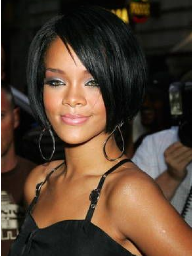 Svart Kort Rett 100% Håndknyttet Fabelaktig 10" Rihanna Parykk