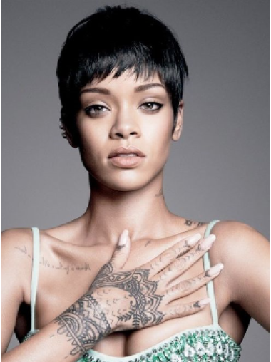 Svart Kort Rett Lace Front Ny 8" Rihanna Parykk