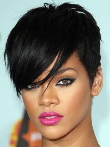 Svart Kort Rett Lace Front Varig 8" Rihanna Parykk