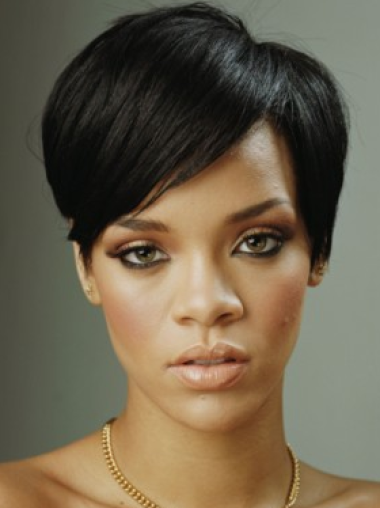 Svart Kort Rett Lace Front Beleilig 8" Rihanna Parykk